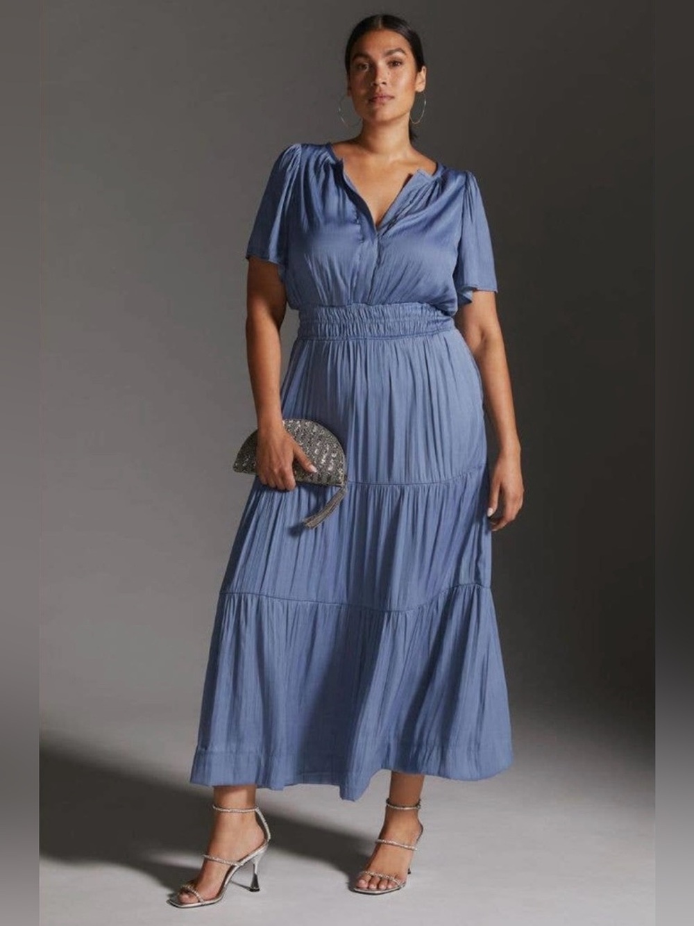 Anthropologie Somerset Smocked Waist Satin Tiered Maxi Dress Slate Blue Size 1X